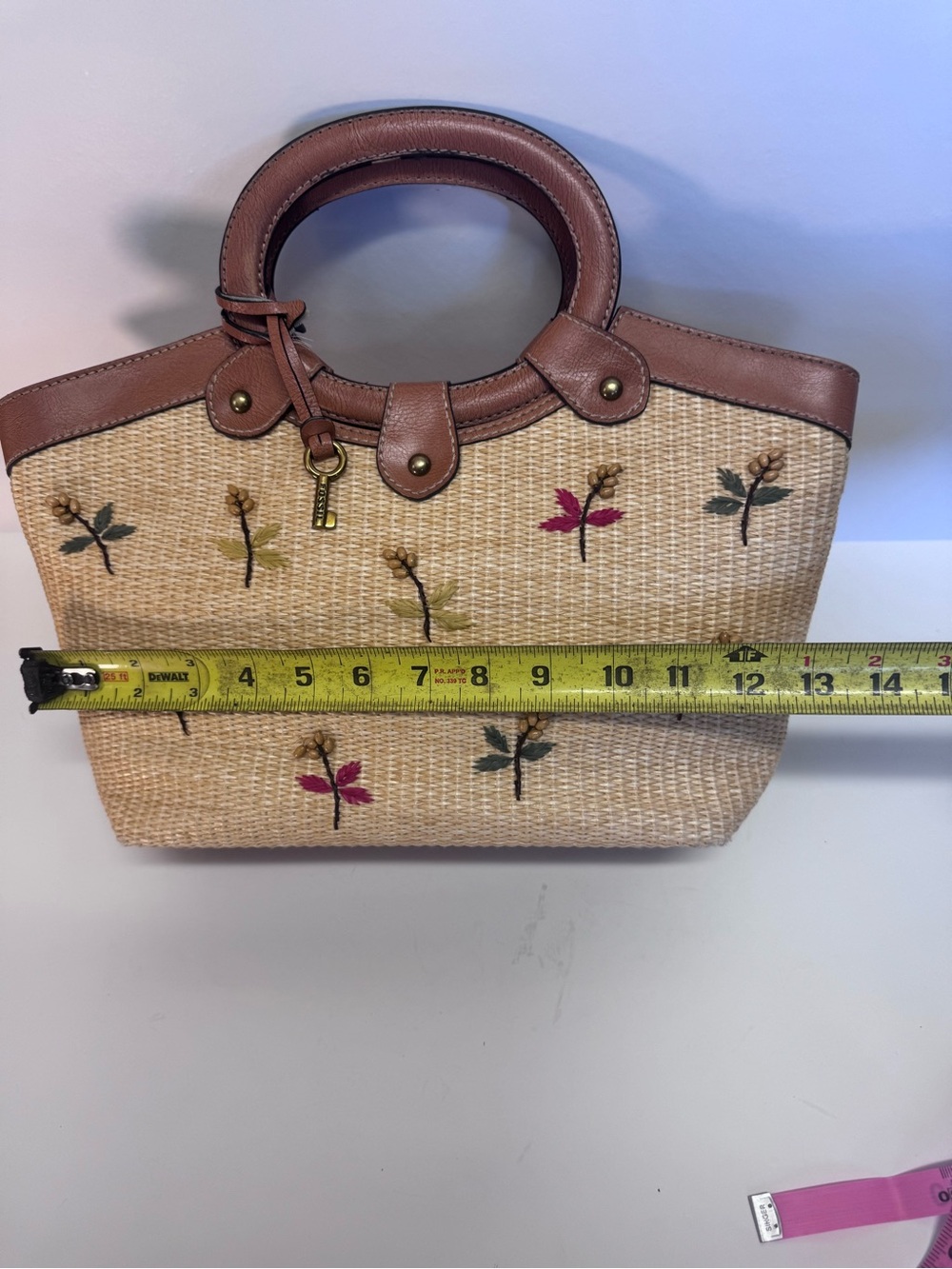 Fossil Tan Straw Tote with Brown Leather Trim and Multicolor Embroidery - Picture 13 of 16